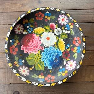 Vintage Mexican Batea Hand Painted Wood Tray Folk Art Floral Wall Decor